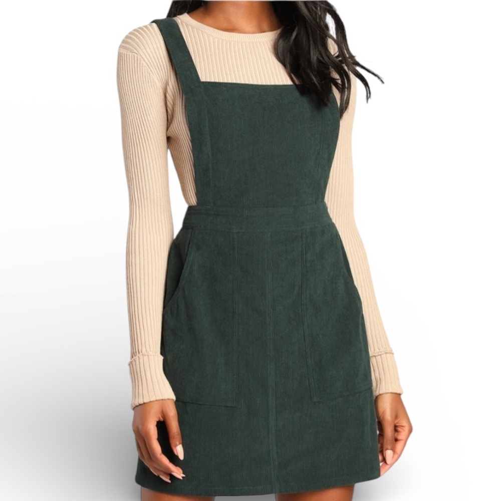 Lulus Emerald Green Corduroy Pinafore Mini Dress XS